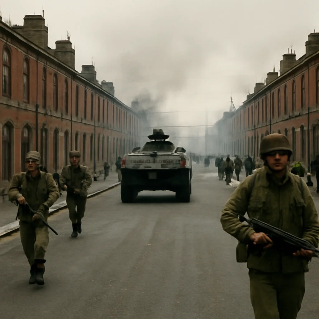 British Army armored vehicle and soldiers patrolling a wide Belfast street during August 1969, with rows of terraced houses and boarded-up windows, smoke in the distance and civilians at a distance.