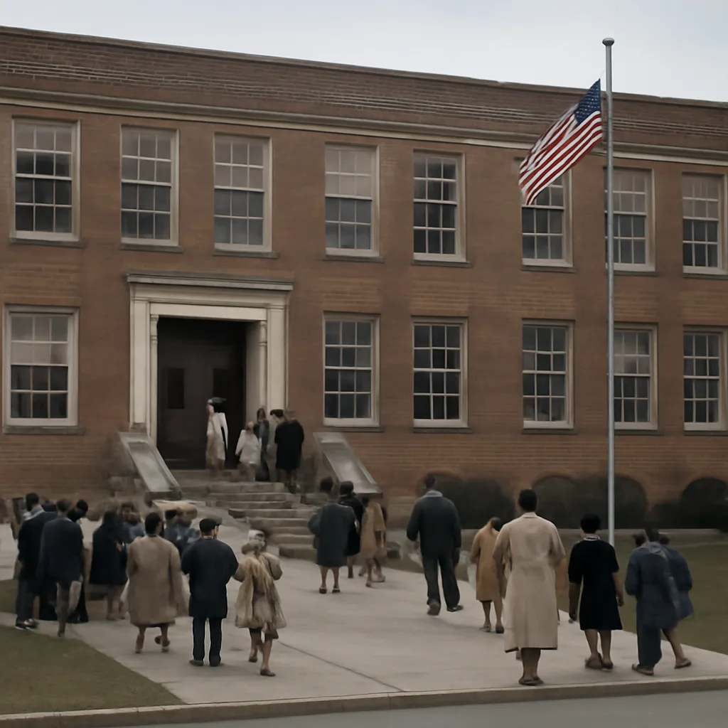 1950s-era exterior of a public school building with children and adults of different races on the steps and sidewalk, showing a mid-20th-century American school setting without identifiable faces.