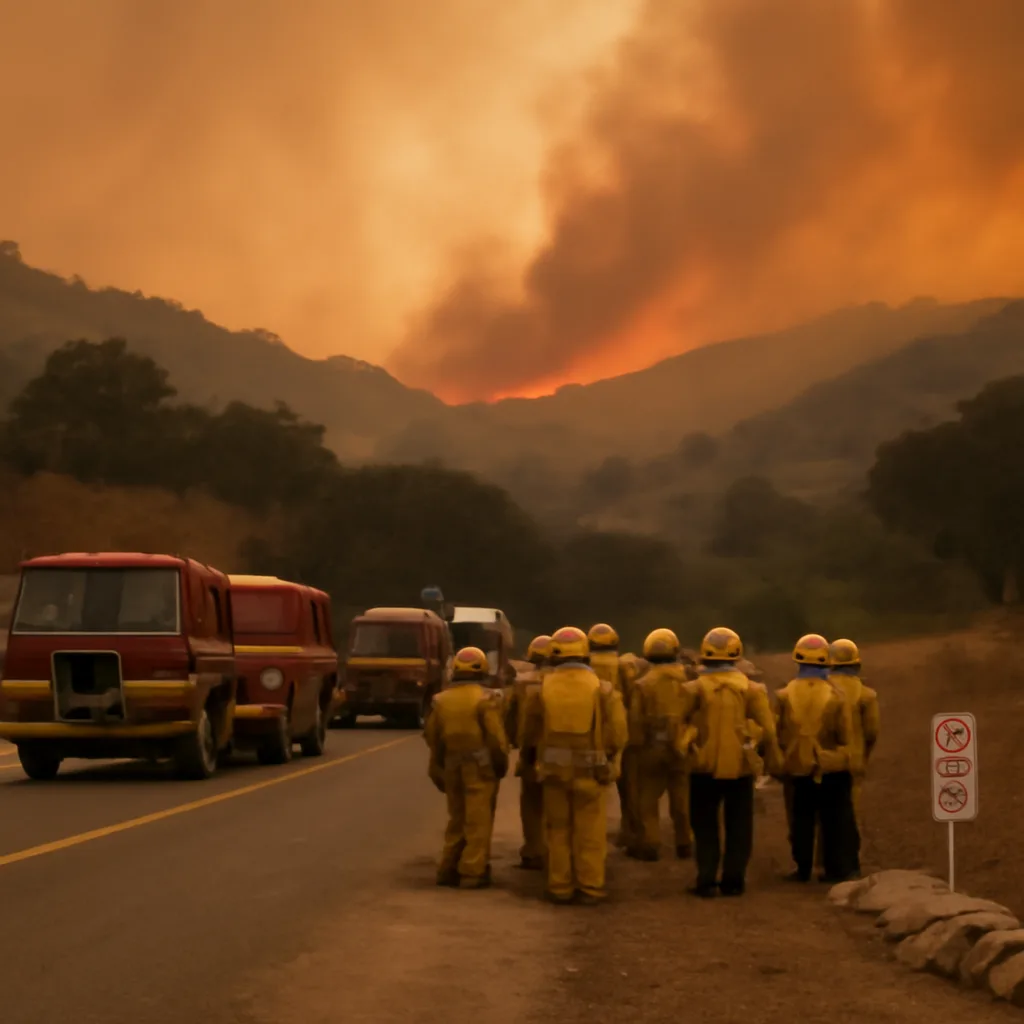 Smoke-filled sky over a California landscape with firefighters and fire engines near a roadside, vegetation scorched and evacuation signage visible.