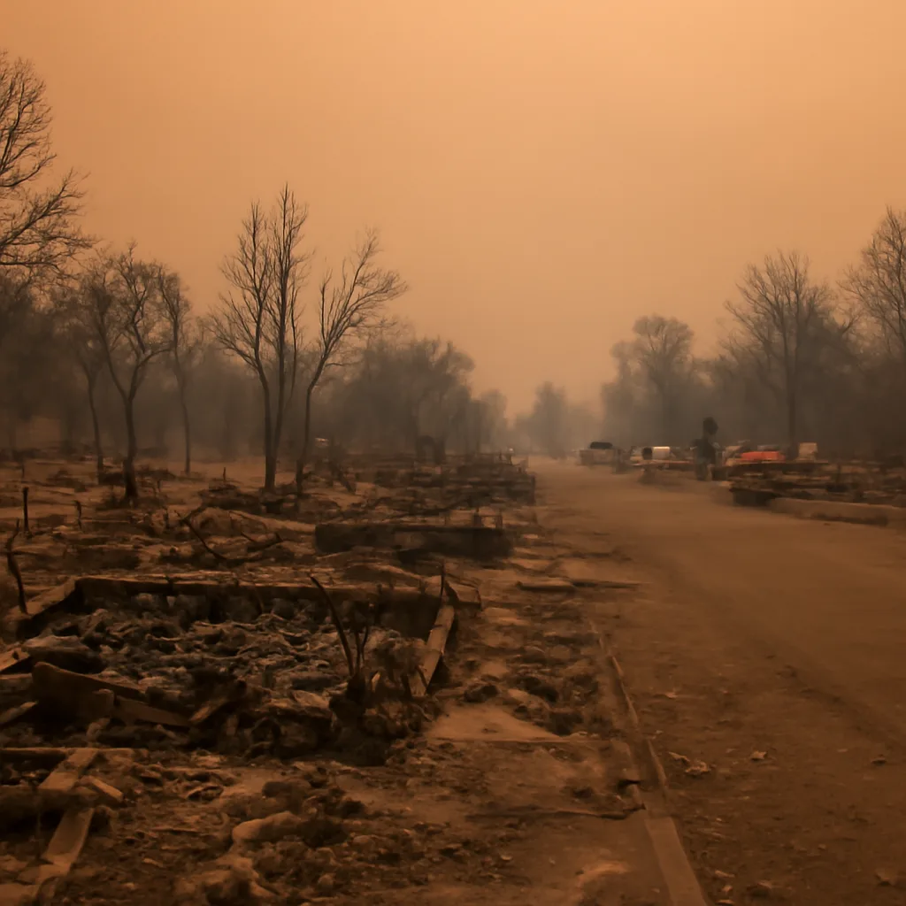 Burned streets and foundations in a small Northern California town after August 2020 wildfires, with charred trees, destroyed homes reduced to rubble and ash, and hazy sky from lingering smoke.