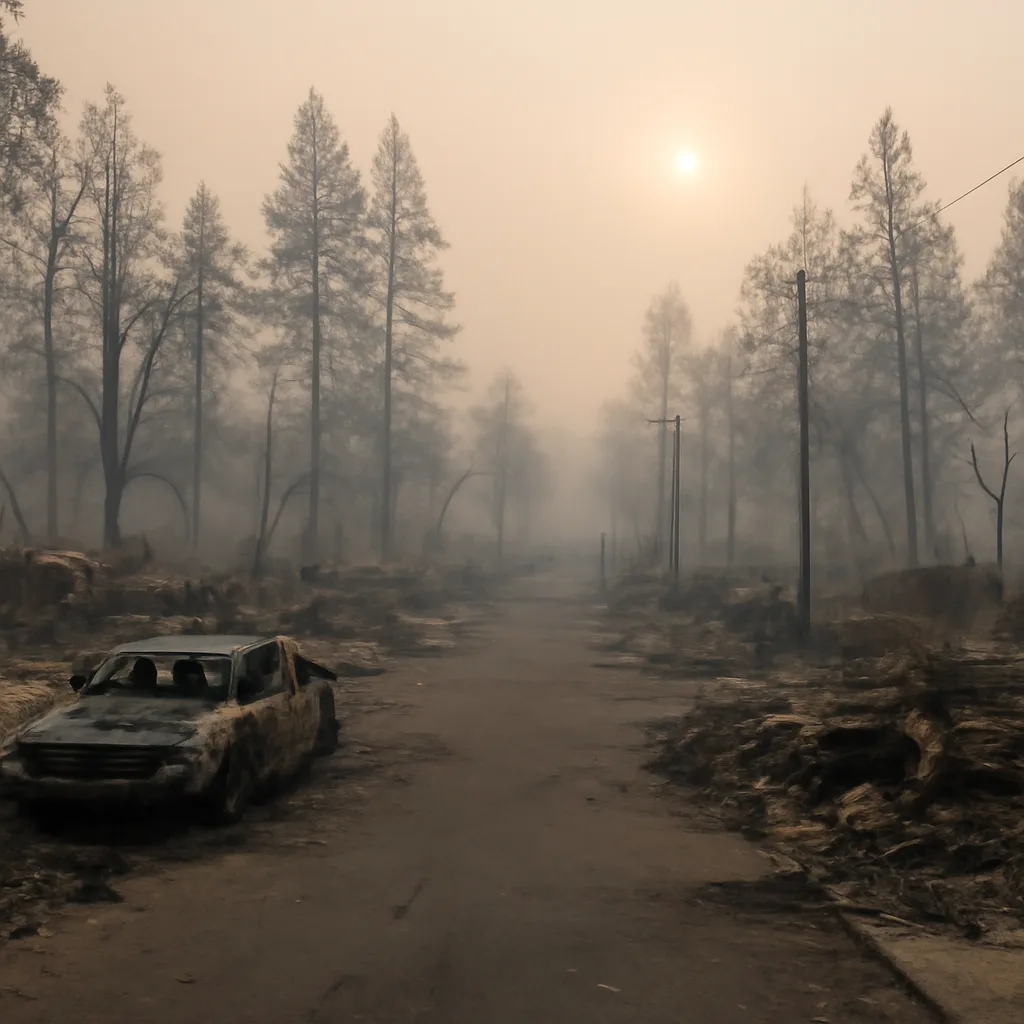 A hillside neighborhood in Paradise, California, reduced to charred foundations, twisted metal and burned trees under a smoky sky after the 2018 Camp Fire.