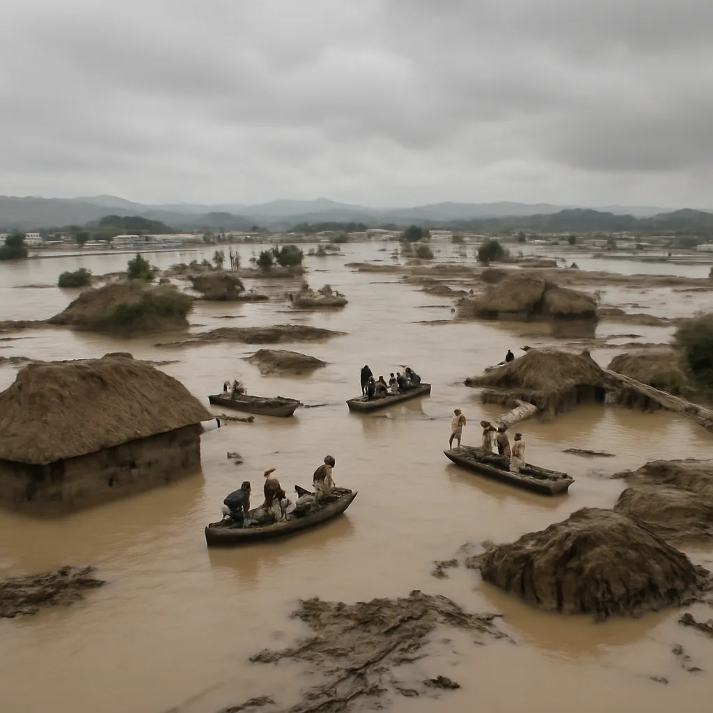 Flooded Yangtze River plain in 1931 showing submerged fields, damaged dikes and scattered thatched houses partly underwater; people and boats navigating shallow floodwaters in a rural landscape.