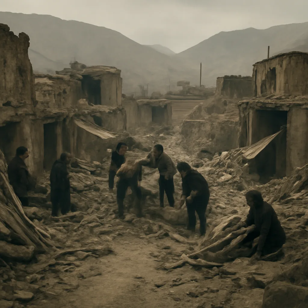 Ruined adobe and masonry buildings collapsed in a rural Iranian village near Buin Zahra after the August 31, 1962 earthquake, with debris-strewn streets and makeshift shelters.