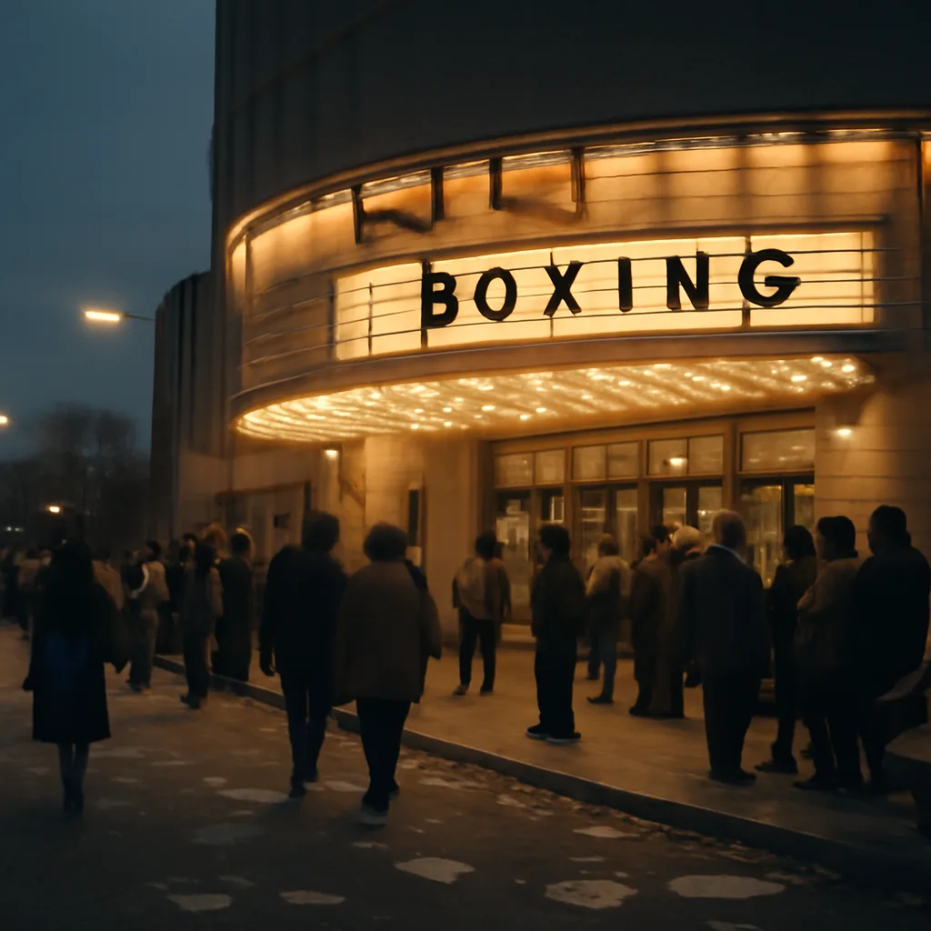 Exterior of a mid-20th-century sports arena at night with crowds dispersing outside; police officers and a few onlookers near the entrance, with a marquee showing event listings.