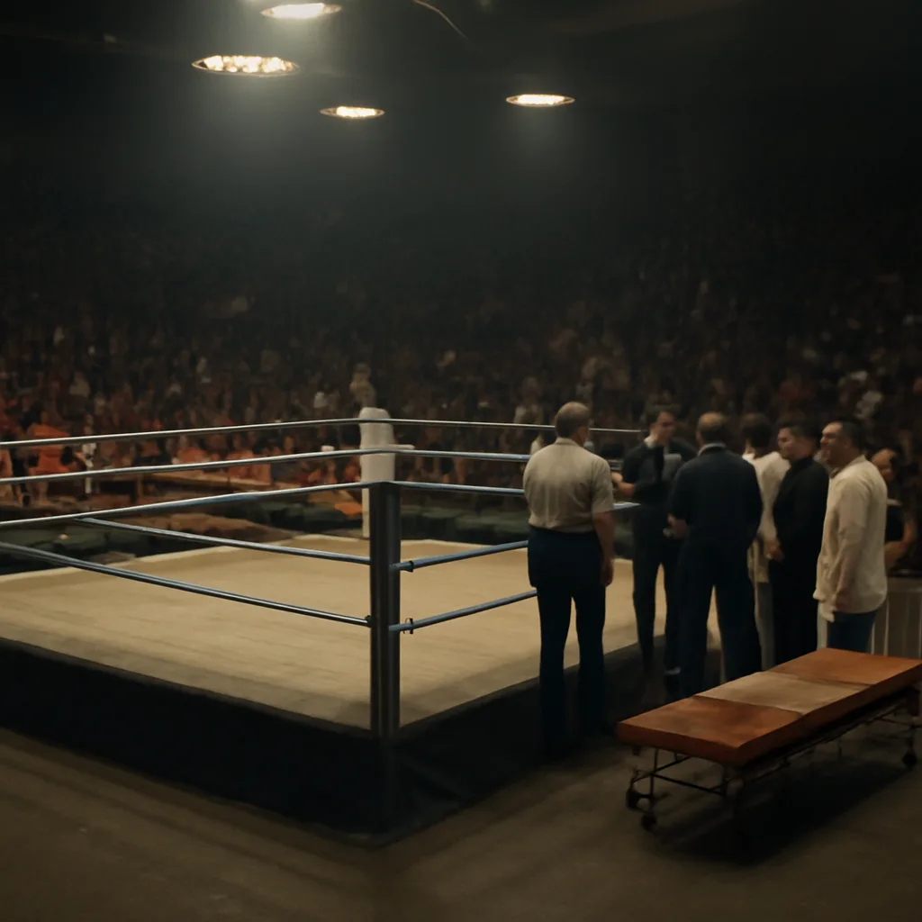 A 1980s boxing ring under bright arena lights with medical staff and officials attending to a stretcher near the ropes; spectators and a referee stand back.