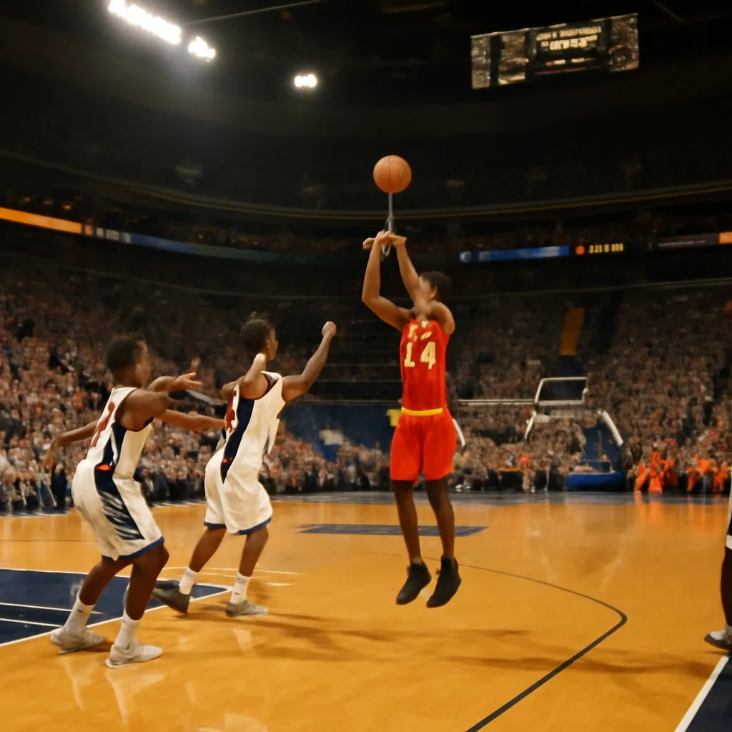 Chandler Parsons shooting a three-pointer during an NBA game, mid-air release with defenders nearby, with arena crowd and scoreboard visible in the background.