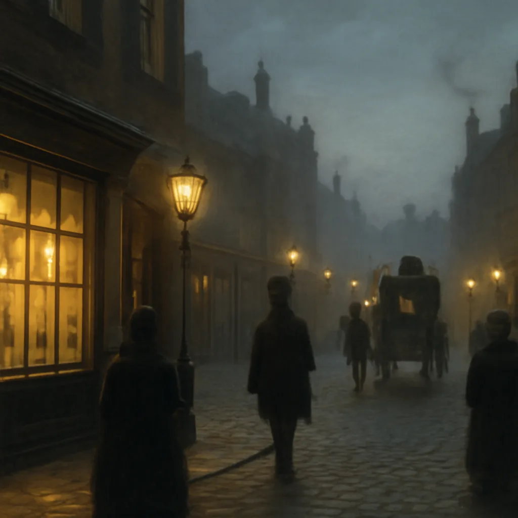 A mid-19th-century London street at dusk with gas lamps, a modest bookshop window displaying a newly published cloth-bound book, and pedestrians in Victorian dress carrying parcels.