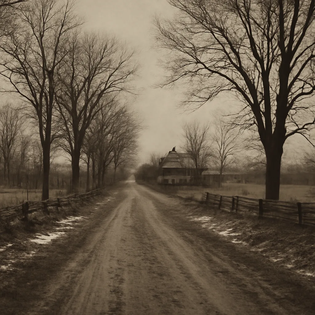 Rural New Jersey roadside with winter trees and an unpaved lane near Hopewell, NJ, c.1932; somber, sparse scene suggesting the area where the child’s body was found.