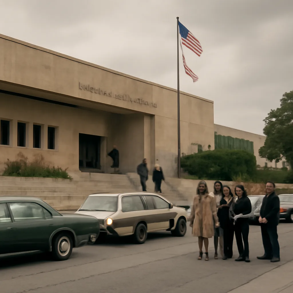 Exterior of a 1970s Los Angeles courthouse with police vehicles and reporters gathered outside during the Manson trial era.