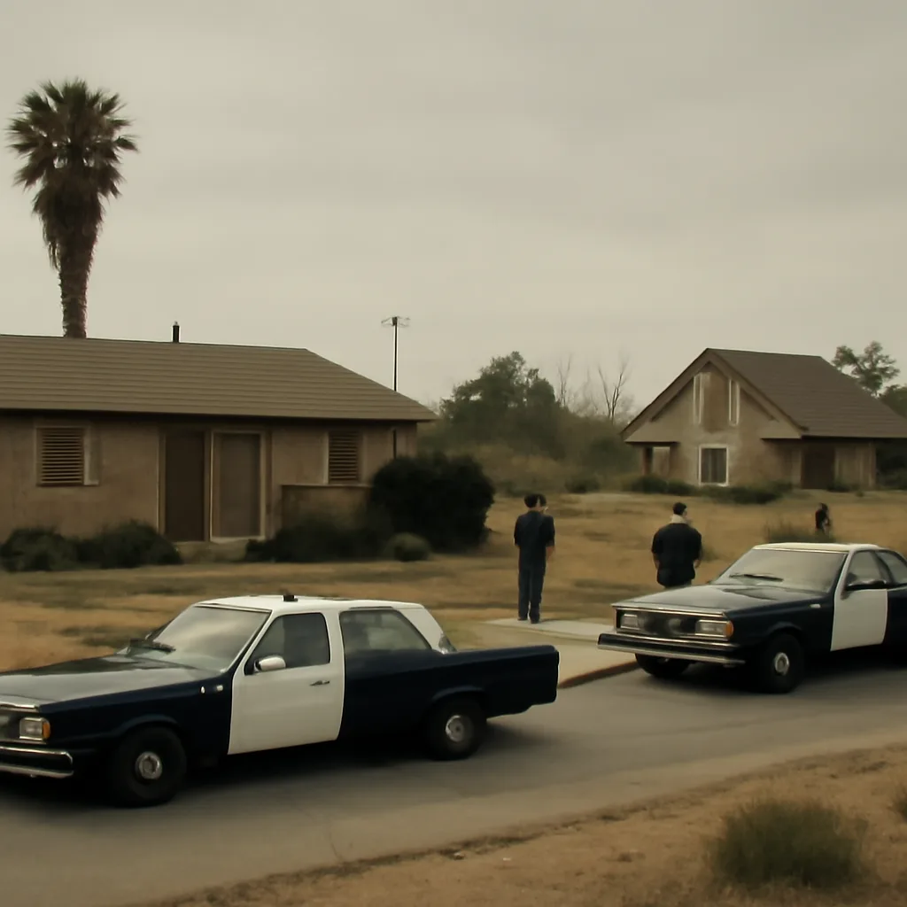 Exterior of a 1960s-era suburban Los Angeles house and adjacent rural property, with police tape and investigators' vehicles parked nearby, evoking the scenes linked to the Manson Family murders.