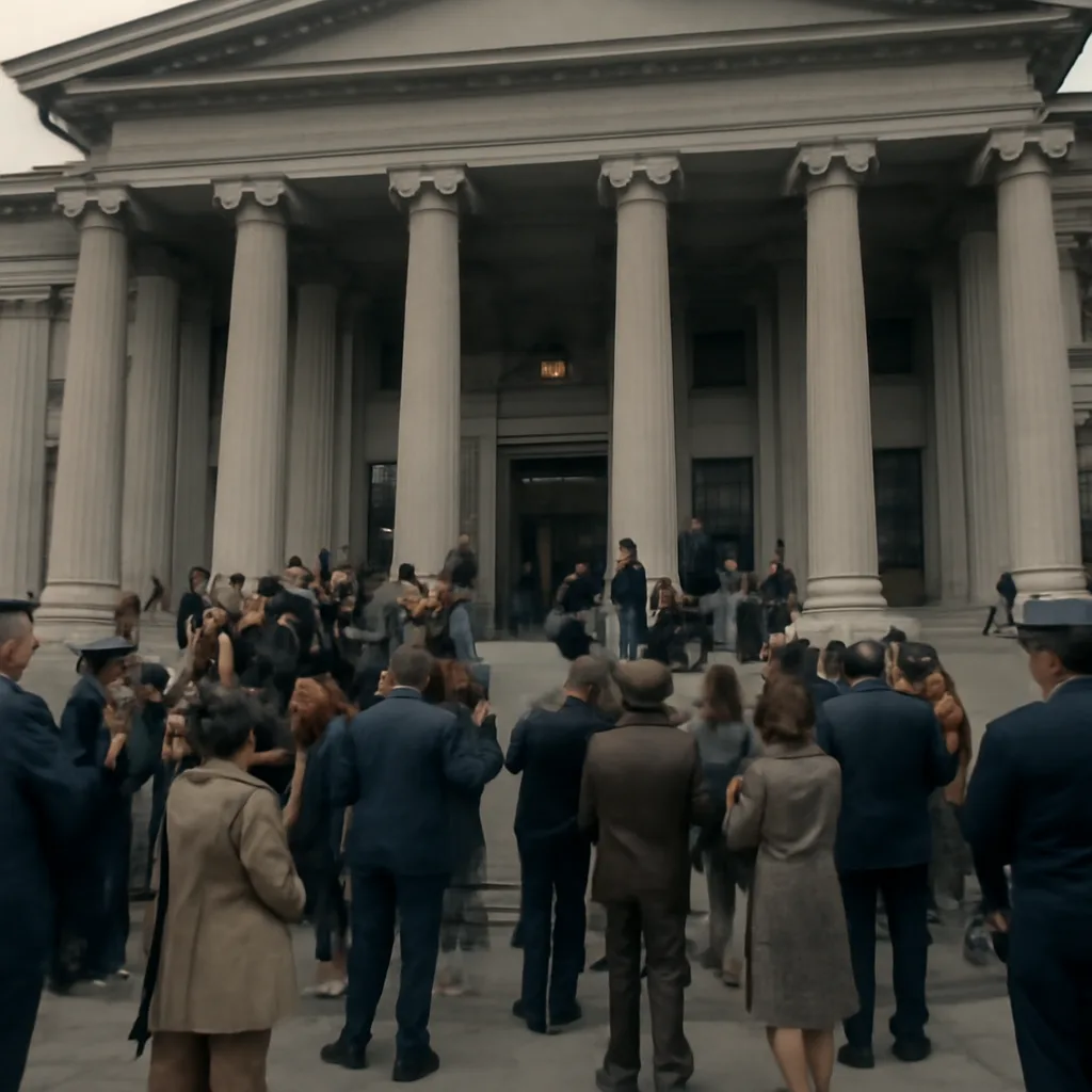 Courtroom exterior or courthouse steps in early 1970s Los Angeles; crowd and media gathered outside during the Manson trial period.