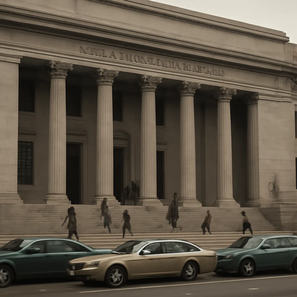 Courtroom exterior and Los Angeles county courthouse from the early 1970s, with period cars parked outside; no identifiable faces.