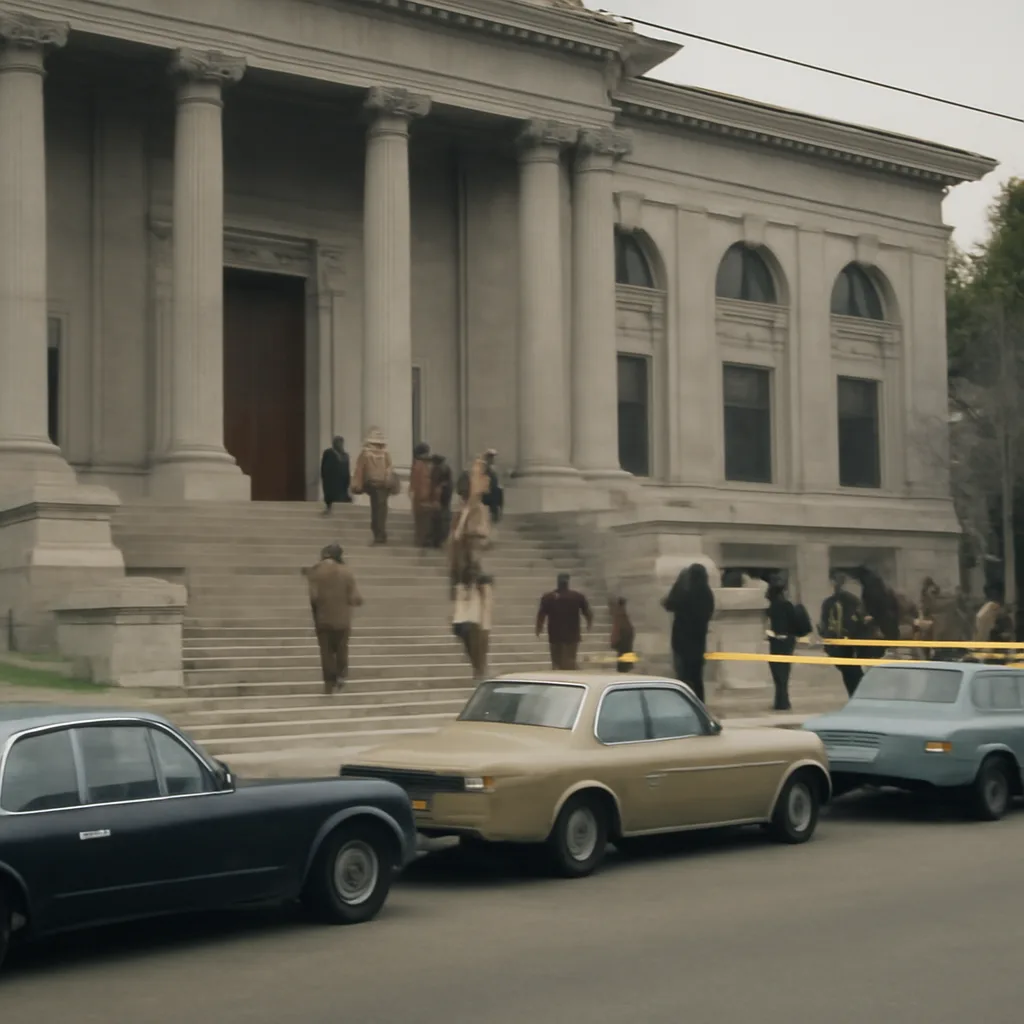 Exterior of a mid-20th-century California courthouse with vintage cars parked outside and several people gathered on the steps, circa early 1970s.