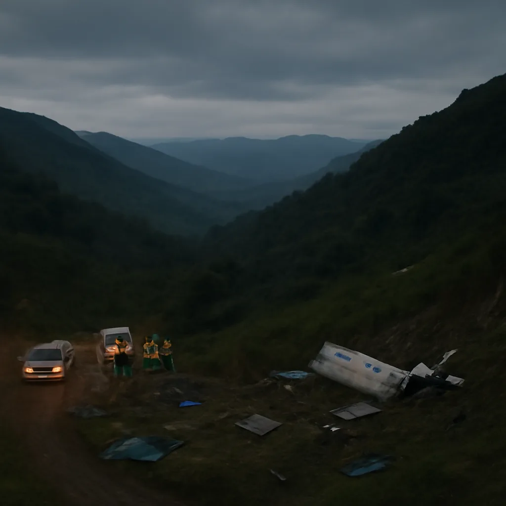 Mountainous crash site near Medellín with emergency vehicles and responders at dusk, wreckage visible in a wooded valley; responders recover debris and tend to the injured.