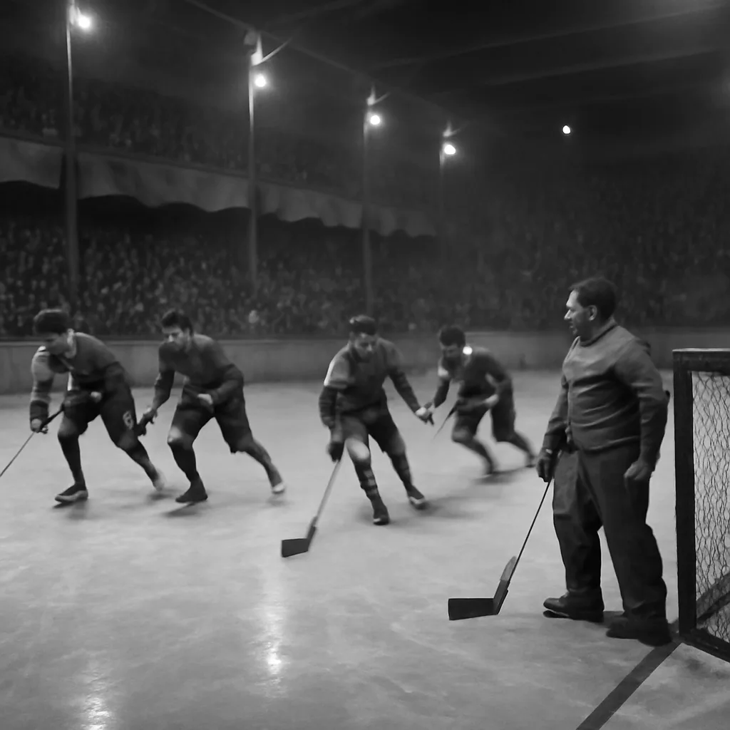 1930s indoor hockey arena with players on ice and a seated crowd; a substitute goaltender in mismatched, older-style equipment beside the net watches play.