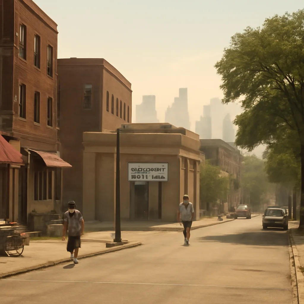 Crowded Chicago street in summer 1995 with closed storefronts, people seeking shade under awnings, and a municipal cooling center sign; heat-hazed skyline and sunlit pavement.