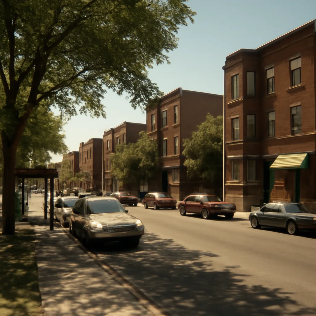 A summertime Chicago neighborhood street in the mid-1990s: low-rise apartment buildings, shade trees, parked cars, and a shaded storefront awning under bright sunlight.
