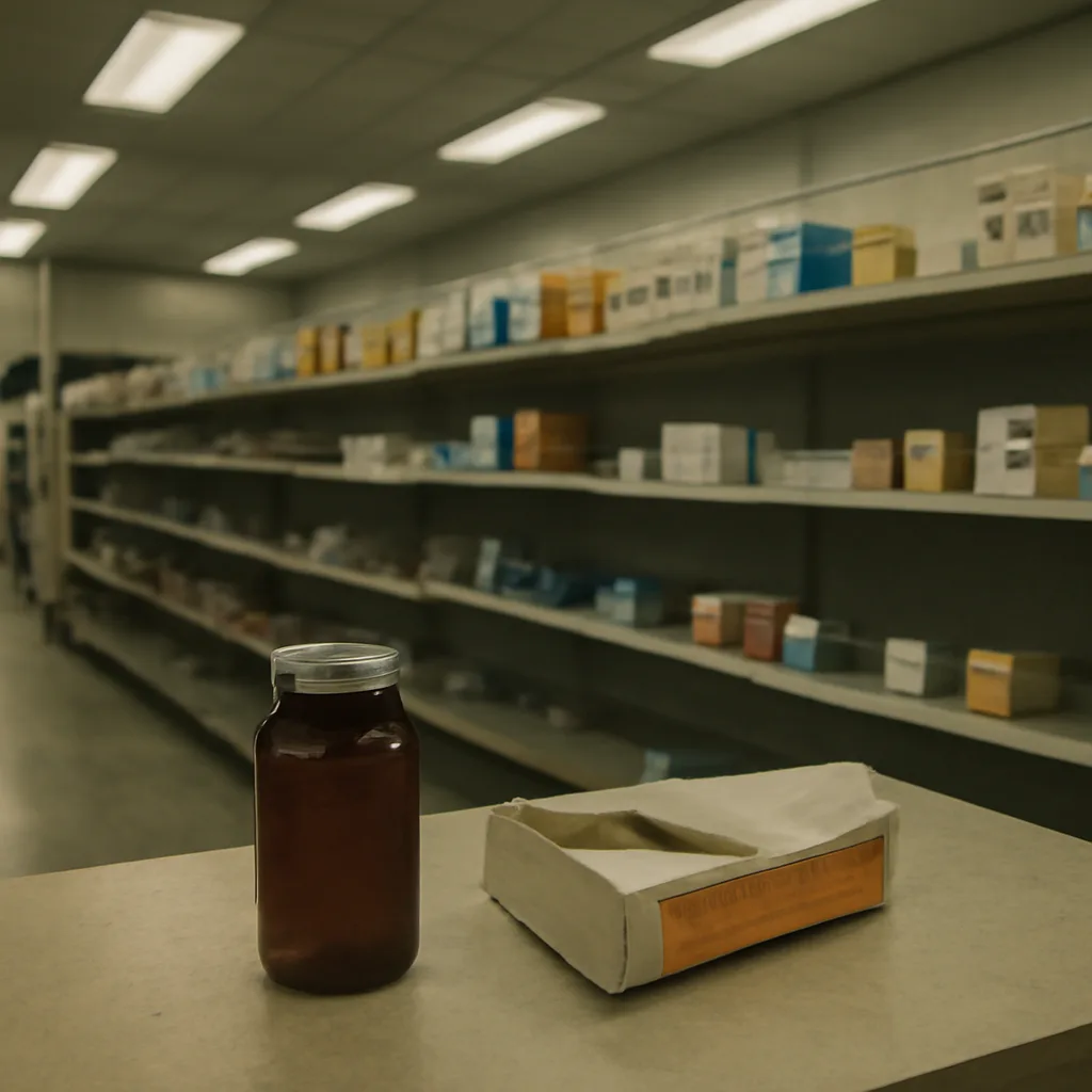 Store shelf of empty or pulled over-the-counter medicine bottles and a close-up of a sealed pill bottle with a torn foil seal, evoking 1980s pharmacy setting.