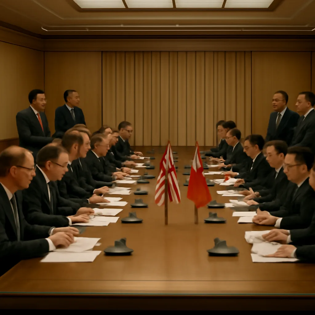 Officials from the United Kingdom and the People’s Republic of China signing the Sino‑British Joint Declaration in Beijing on 19 December 1984; table with documents and national flags on display.
