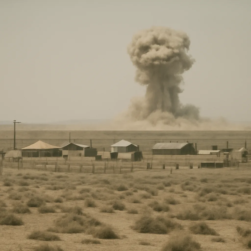 Smoke and dust rising over a remote desert test site at Lop Nur in Xinjiang, China, after an underground nuclear detonation in 1964; barren landscape, scientific equipment and temporary structures in the distance.