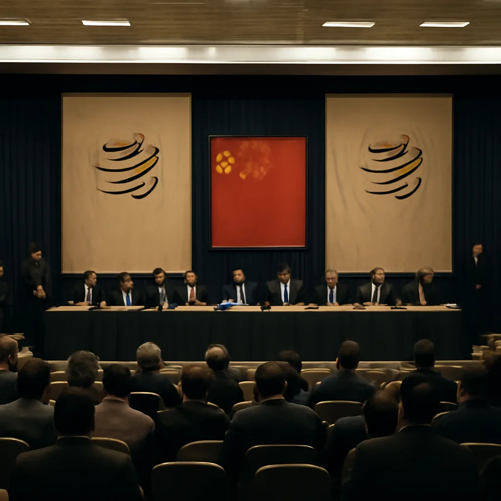 Chinese and WTO symbols represented by flags and a conference hall: a wide shot of an international trade meeting room with national flags (including China) and banners indicating a WTO accession signing context, attendees at a distance, formal setting.
