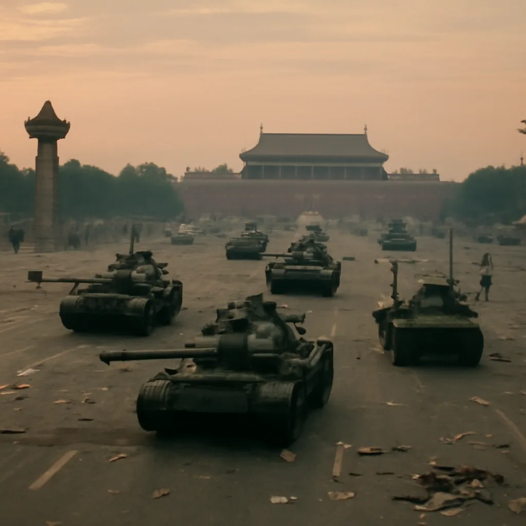Tiananmen Square area in 1989 with military vehicles on a wide avenue and crowds dispersed; urban Beijing skyline and stone monuments visible, no identifiable faces.