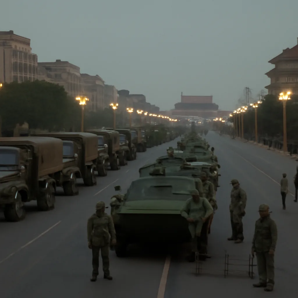 Armored military vehicles and uniformed troops moving along a wide Beijing avenue near Tiananmen area, with civilians and barricades visible; scene reflects late-1980s urban setting and a tense atmosphere.