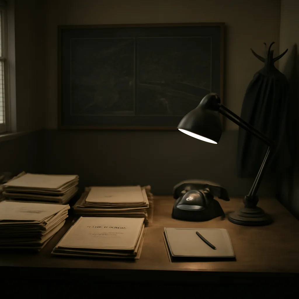 Cold War–era intelligence office with files and scientific equipment on a wooden desk, mid-20th century furnishings, papers stamped classified.