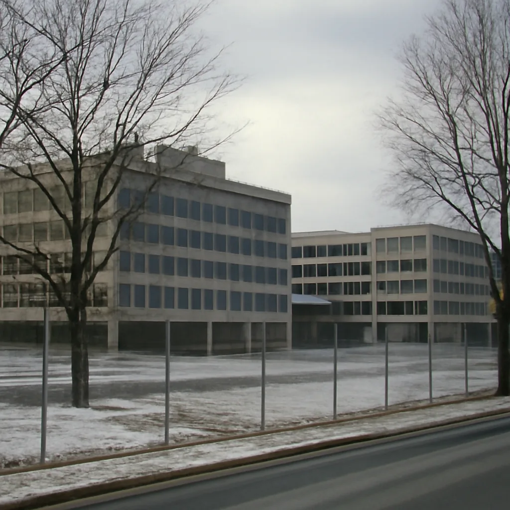 Exterior of the glass-and-concrete CIA headquarters in Langley, Virginia, circa early 1980s, viewed from a distance with winter trees in the foreground.