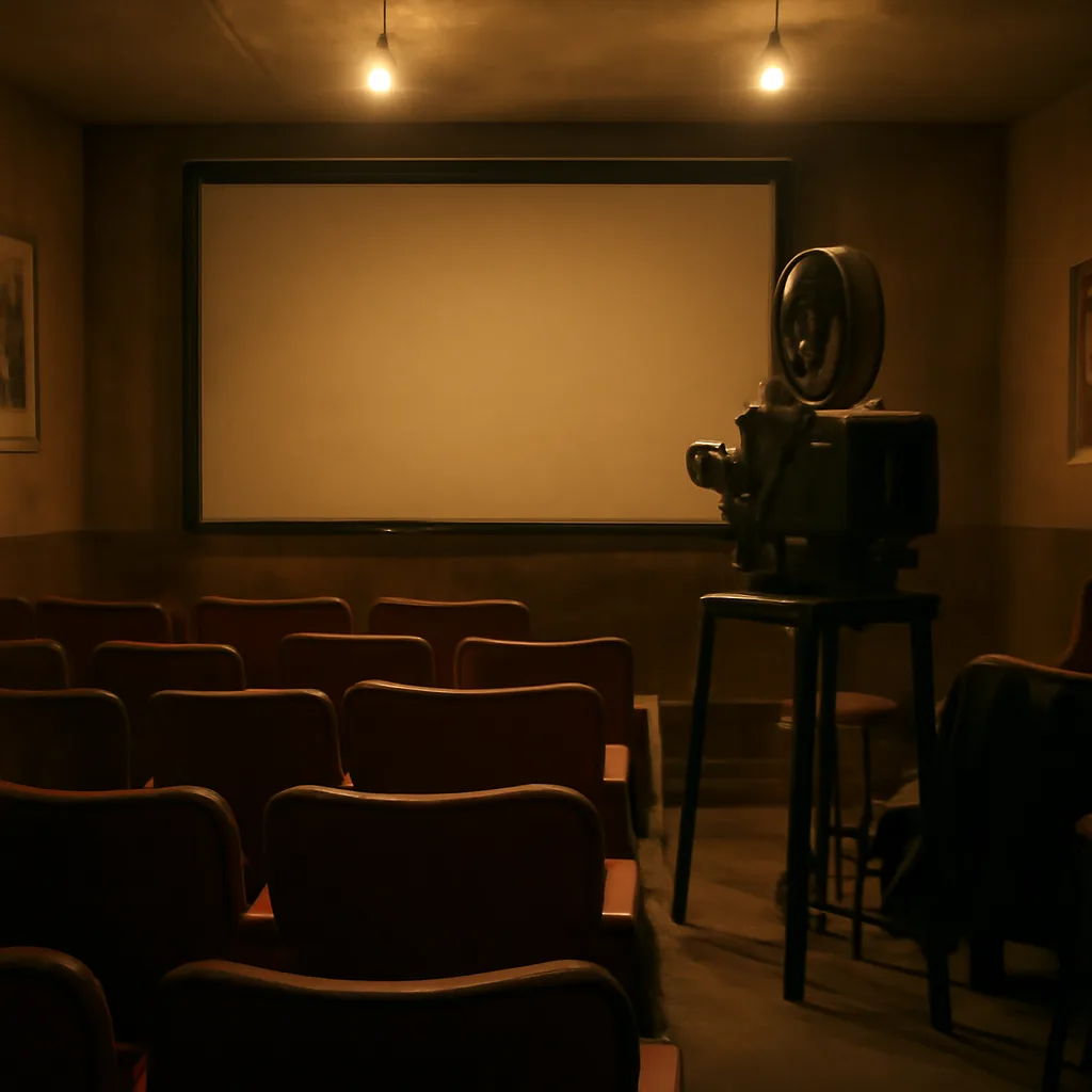 Archive-style scene of a 1960s film screening in a foreign theater—projector, film canisters, and an empty stage—suggesting covert support for cinema during the Cold War.