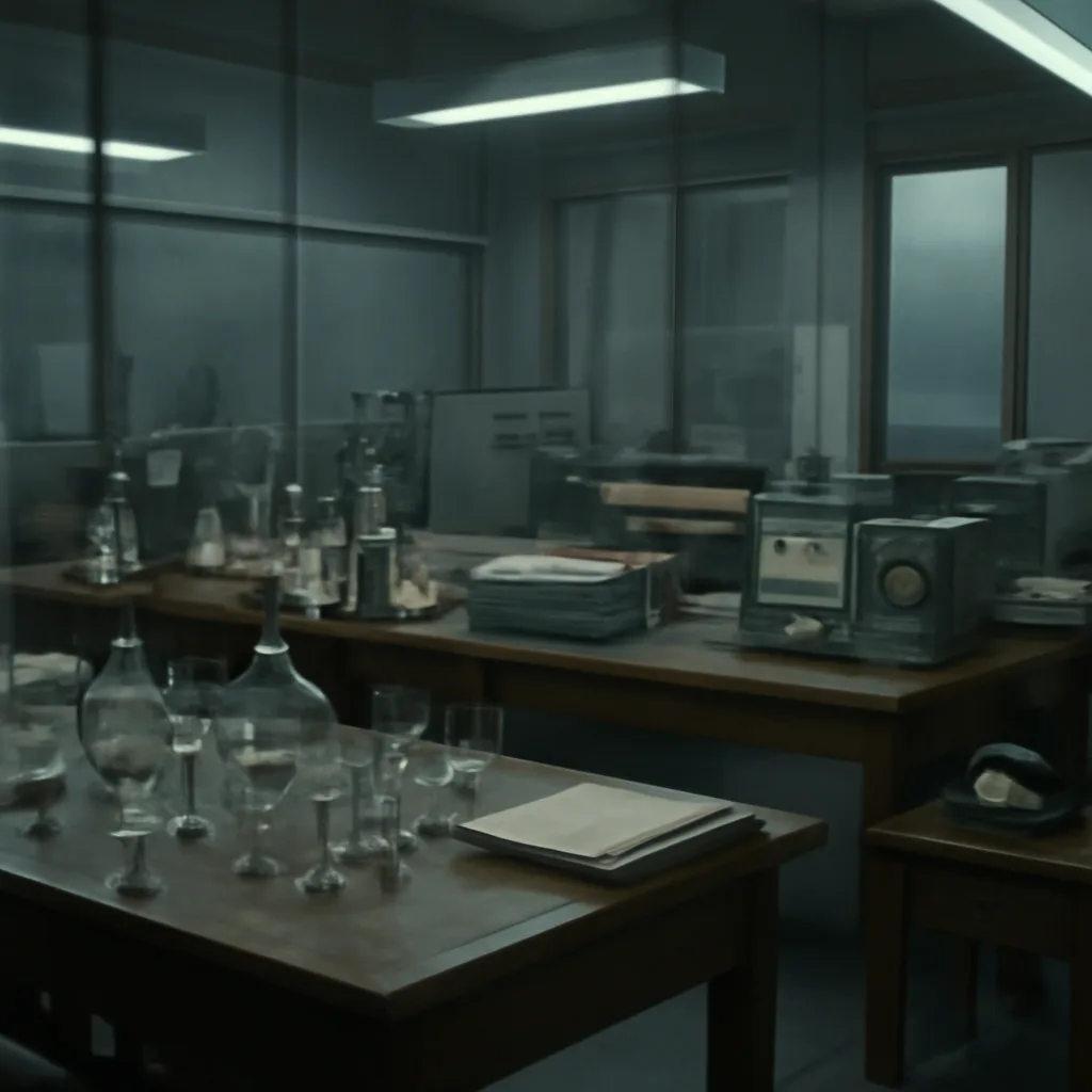 A mid-20th-century laboratory room with glass beakers, vials, and a bulky rack of equipment on a wooden bench; paperwork and file folders stacked nearby, evoking Cold War-era scientific research.