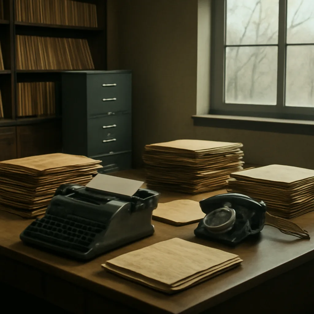 1970s-era government office with piled files and a typewriter on a wooden desk, soft film-grain lighting suggesting archival material and investigation.
