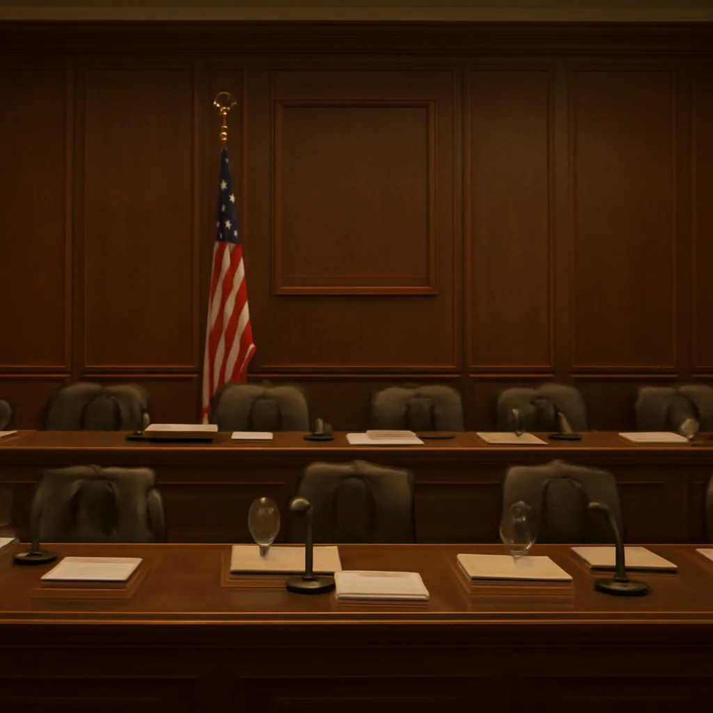 Historic 1970s hearing room with official documents and microphones on a long table, empty chairs and an American flag; no identifiable faces.