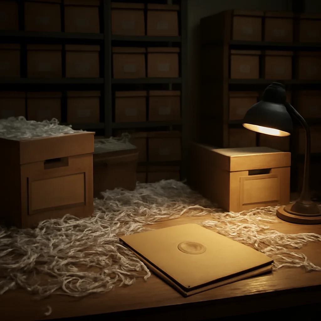 Archive boxes and shredded documents on a wooden table beside a dated CIA file folder, evoking destroyed Cold War-era records.