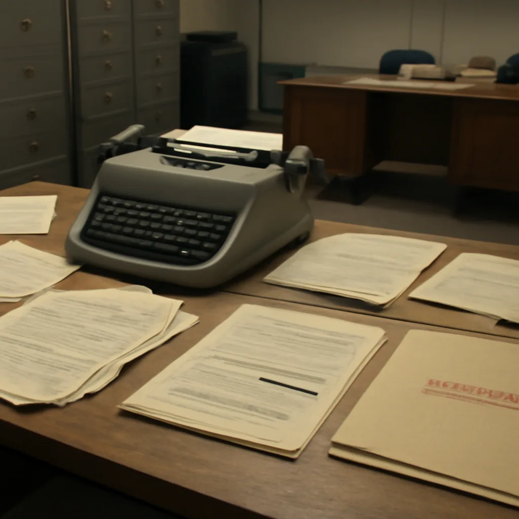 Stack of declassified government documents and typewritten memos on a wood table, with an old-fashioned typewriter and a fountain pen nearby, 1970s office setting.