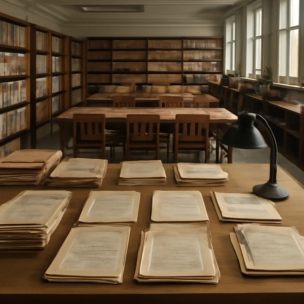 Stacks of declassified government documents, some stamped with classification markings, laid out on a table in an archive reading room.