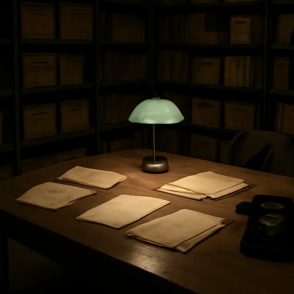 Archive room shelves with boxes and manila folders labeled with dates and classification stamps, mid-20th-century documents spread on a wooden table under soft overhead lighting.
