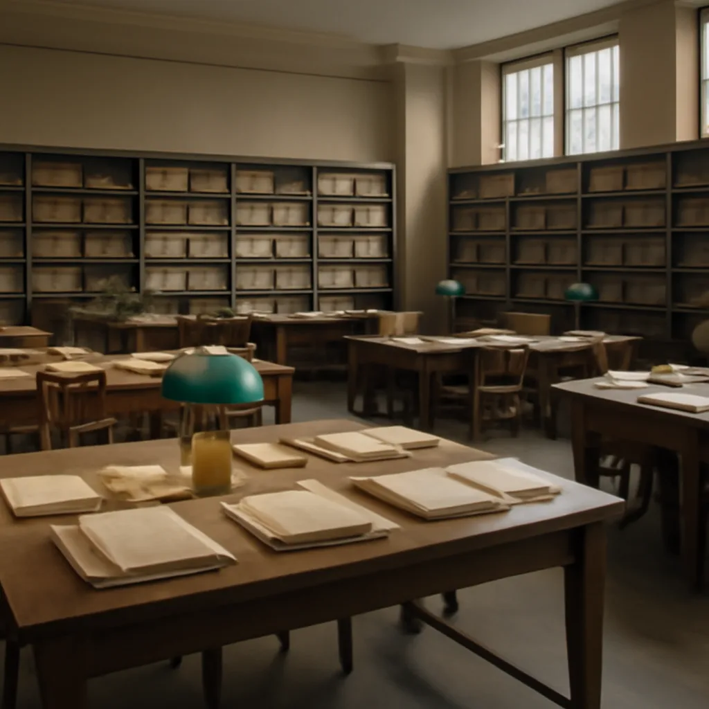 Stacks of declassified government documents and file folders labeled with dates, on a wooden table in a dim archival reading room.