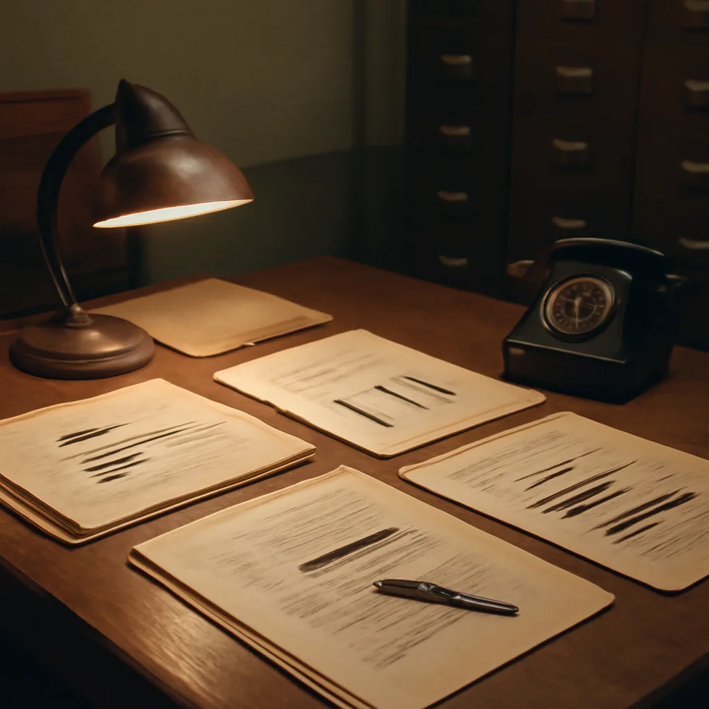 Stacks of opened government files and typed memos on a table, labeled with Cold War-era dates and redaction marks, photographed in subdued lighting.