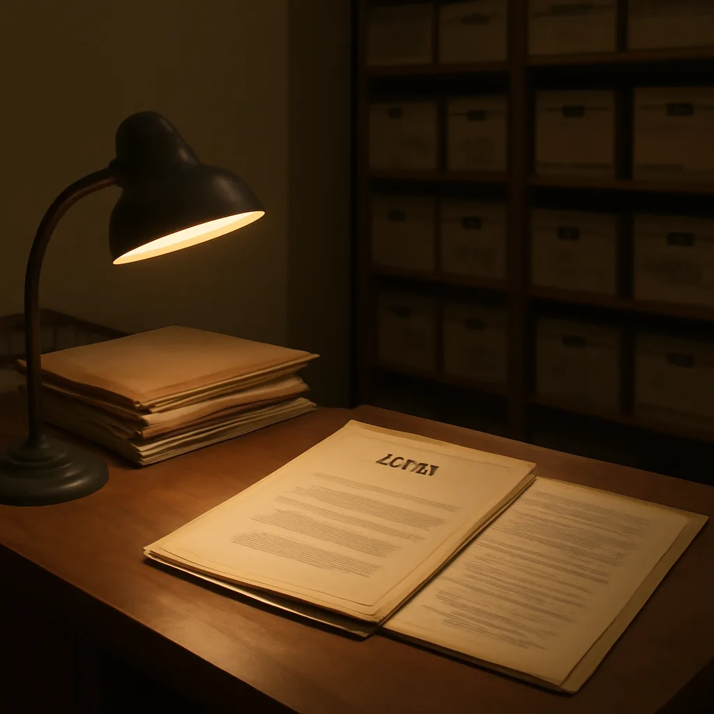 Stacked government file folders and a dated CIA report folder on a wooden table, partially redacted pages visible and a desk lamp casting light across the documents.