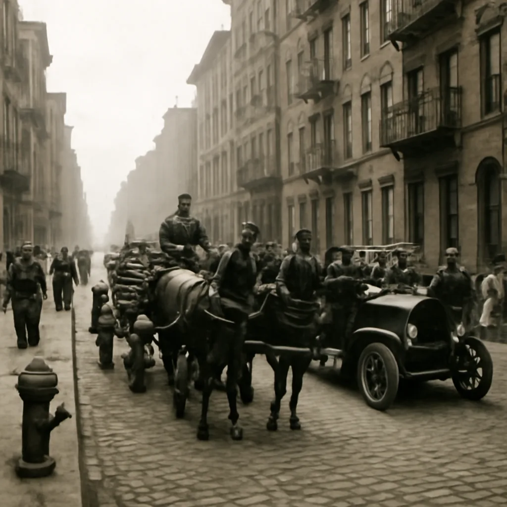 Early 20th-century city street with multistory masonry and timber buildings, fire brigade horse-drawn and early motorized engines at a hydrant, visible fire escapes and narrow streets; workers and pedestrians in period clothing.