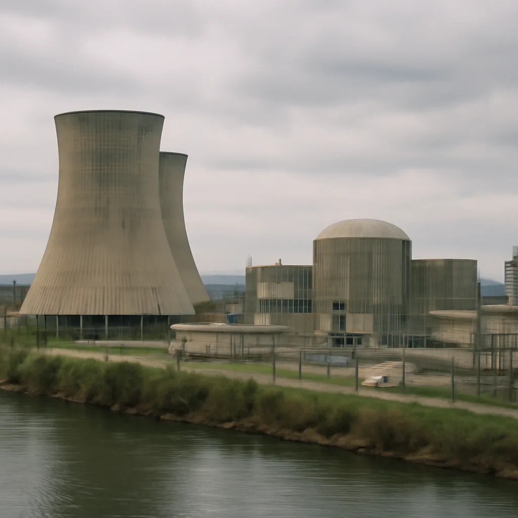 The Three Mile Island reactor complex near the Susquehanna River: industrial buildings, cooling towers and service structures seen from a distance, with the landscape and river in the foreground.