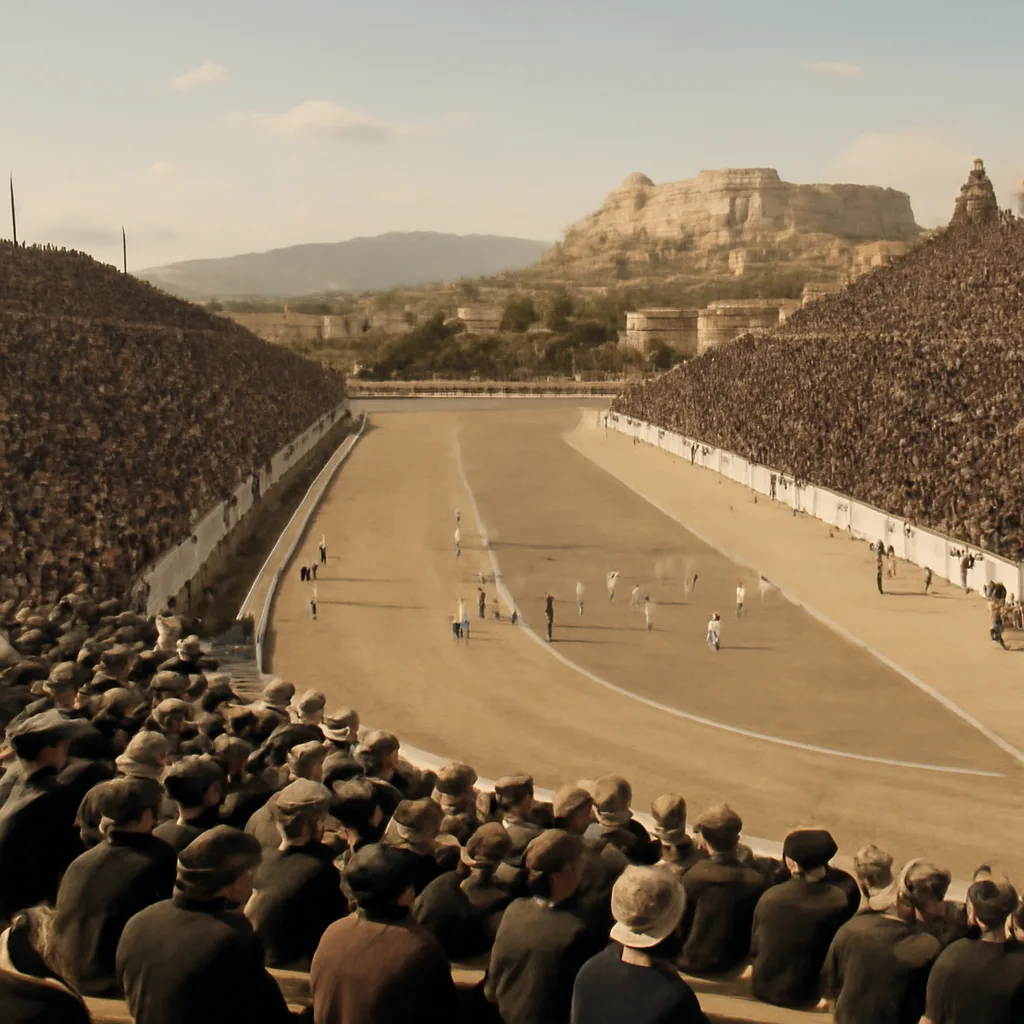 Panathenaic Stadium in Athens filled with spectators in late 19th-century dress during athletic competitions at the 1896 Olympic Games.