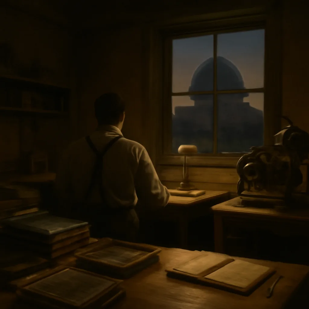 Lowell Observatory-era telescope dome and a blink comparator setup with stacked photographic plates from the early 20th century, viewed in a dimly lit room with period-appropriate equipment.