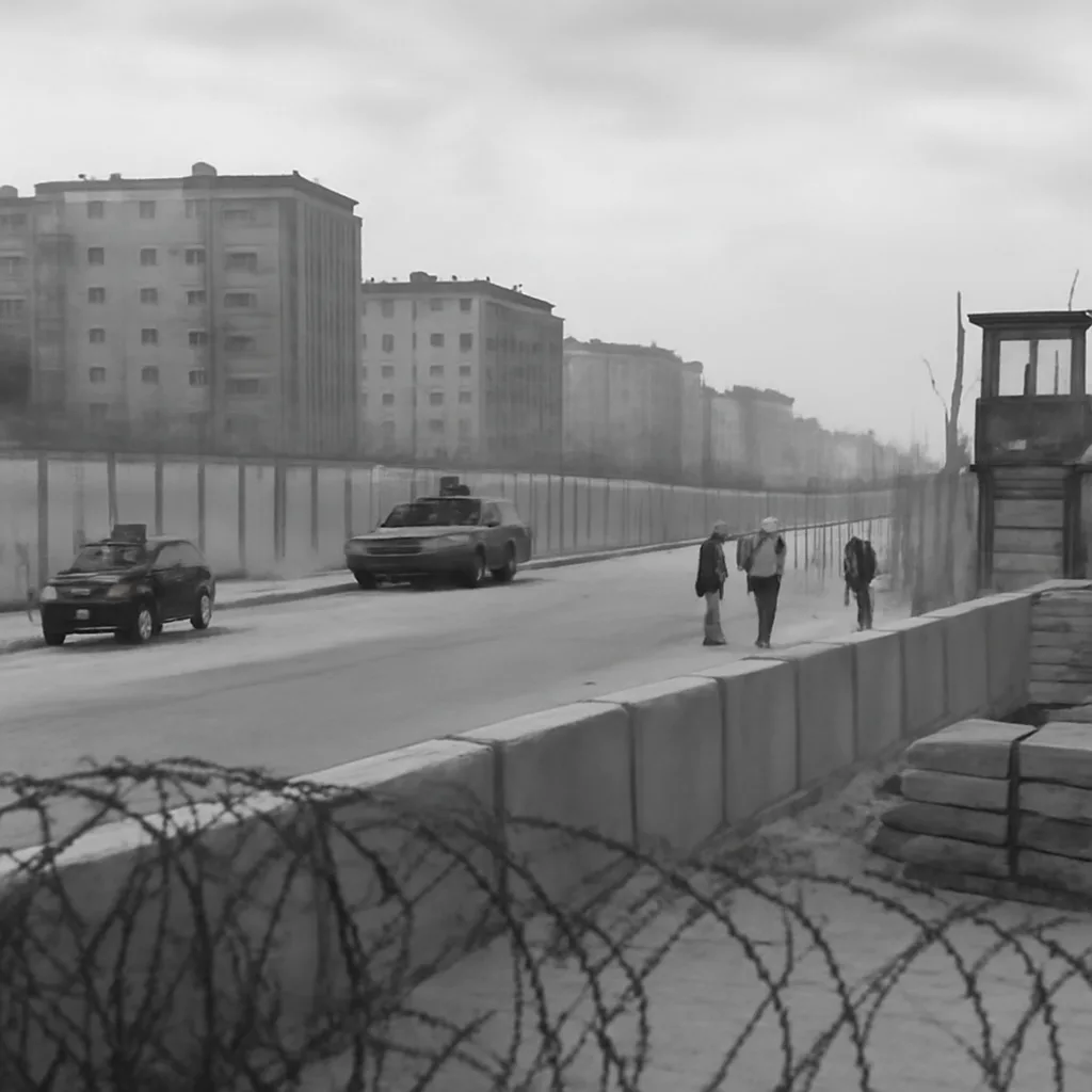 Berlin streets near the newly erected border barriers in 1961, showing barbed wire and early concrete segments separating East and West sectors, with military vehicles and checkpoints visible in the distance.