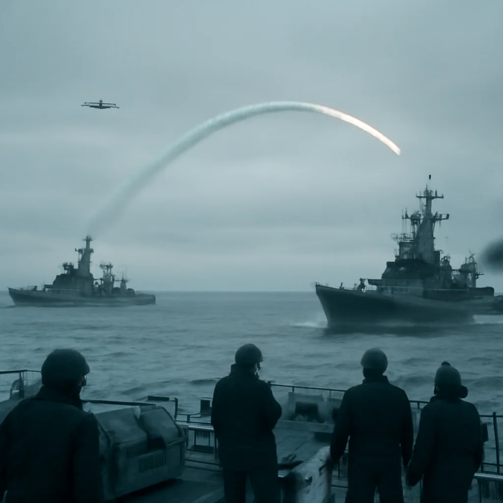 Cold War-era naval ships and a ballistic missile launch plume on the horizon, overcast sky, with distant patrol aircraft.