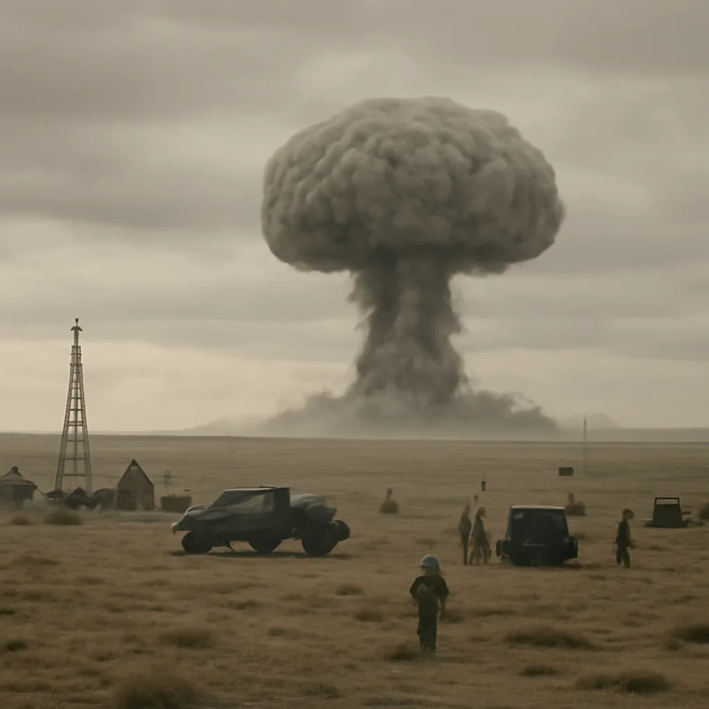 Soviet-era testing site with barren landscape, distant structures and equipment, clouded sky and plume of smoke in the distance indicating a large explosion; no identifiable individuals.
