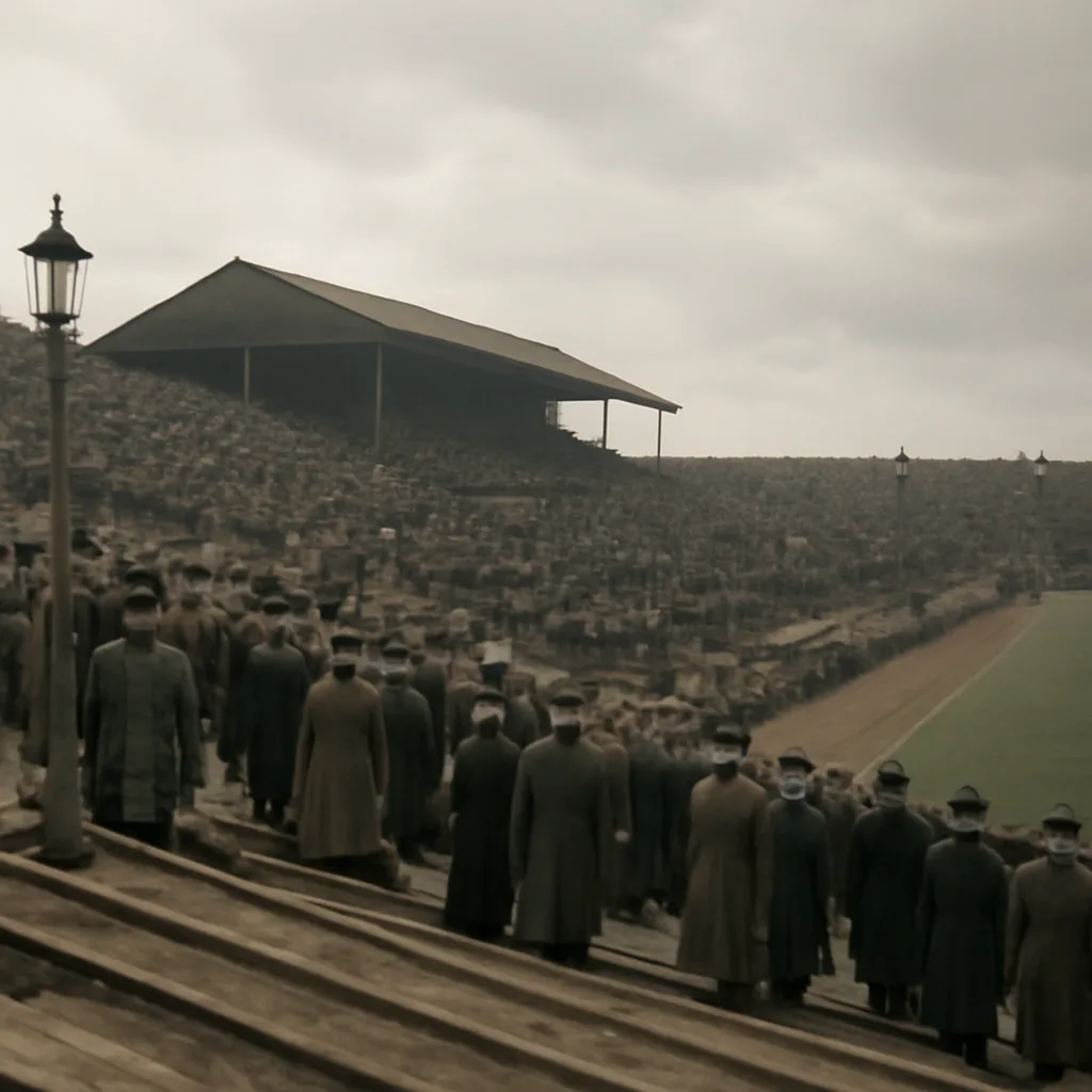 Crowded early-20th-century wooden terracing at a football ground with people standing and walking; scene viewed from a slight distance showing the scale of the stand and surrounding earthworks, pre-collapse.