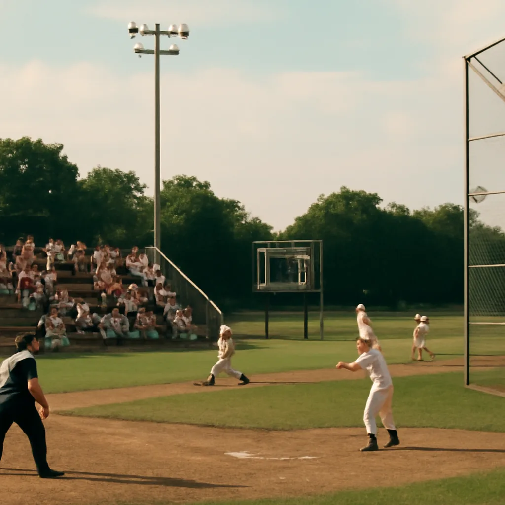 Outdoor college baseball field in the 1970s with a manual scoreboard showing numbers and a small crowd in simple clothing seated on metal bleachers.