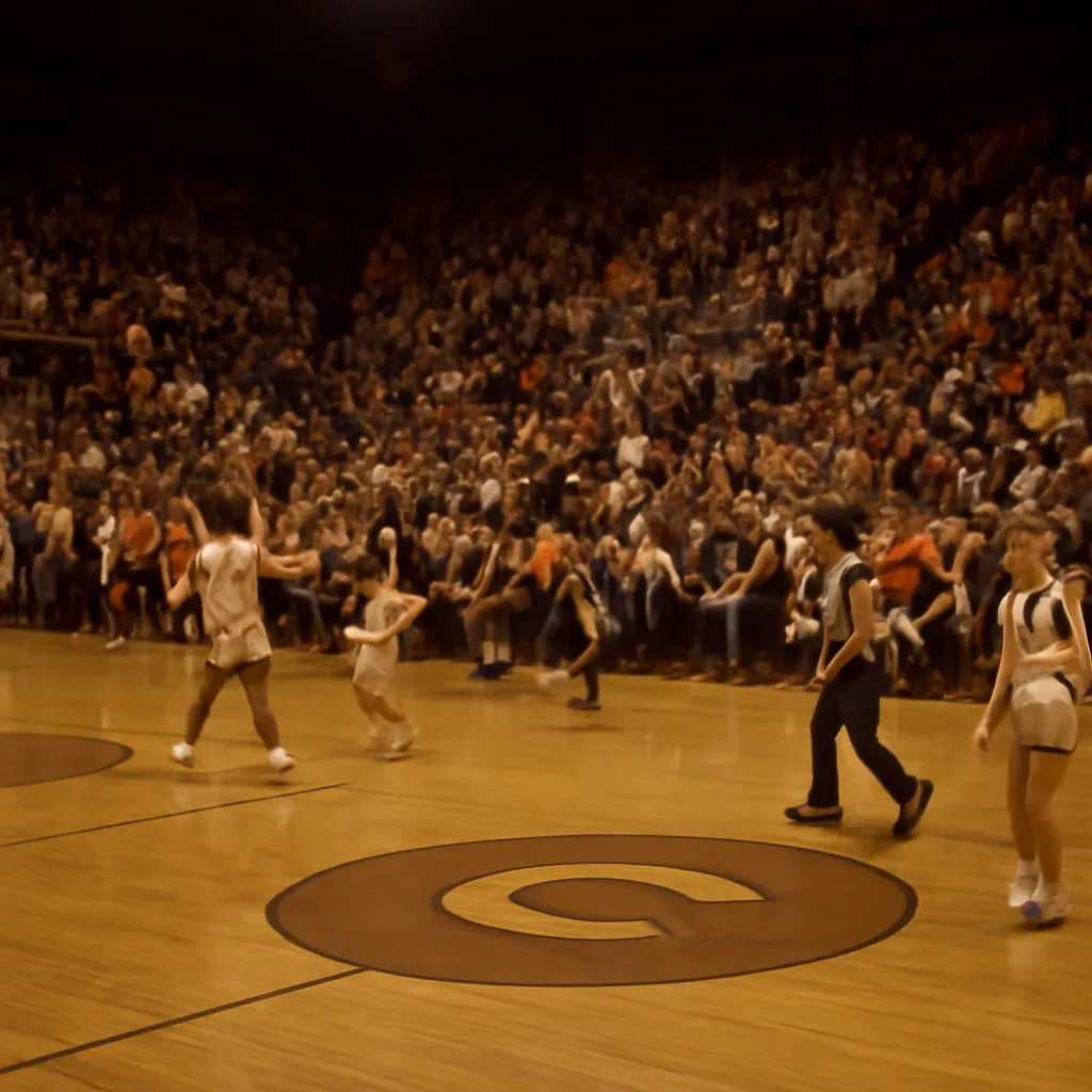 Indoor college basketball arena in the late 1970s with spectators spilling onto the court while players and officials back away amid chaotic scene.